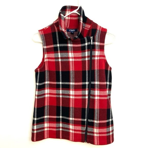 Chaps Sweater Vest Women's Sz S/P Sleeveless Full Zip Asymmetrical Plaid Cotton - Picture 1 of 4